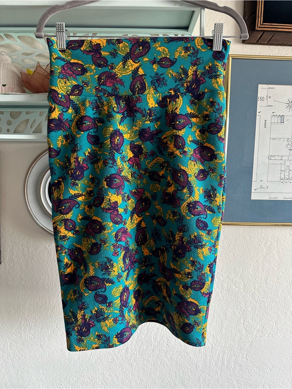 LuLaRoe Teal Pencil Skirt with Purple and Yellow Paisley